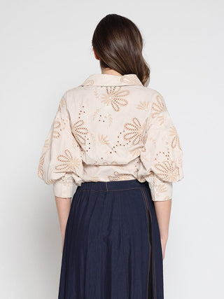 Collared Puff Sleeve Patterned Shirt