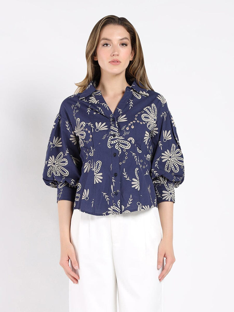 Collared Puff Sleeve Patterned Shirt - Glamourous Grace