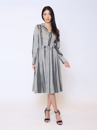 Color Block Satin Lapel Collared Belted Dress