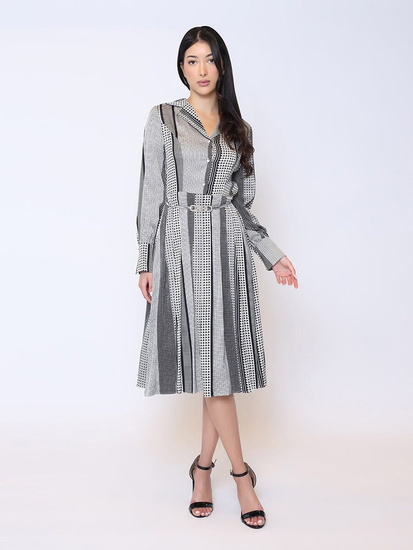 Color Block Satin Lapel Collared Belted Dress