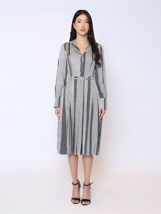 Color Block Satin Lapel Collared Belted Dress