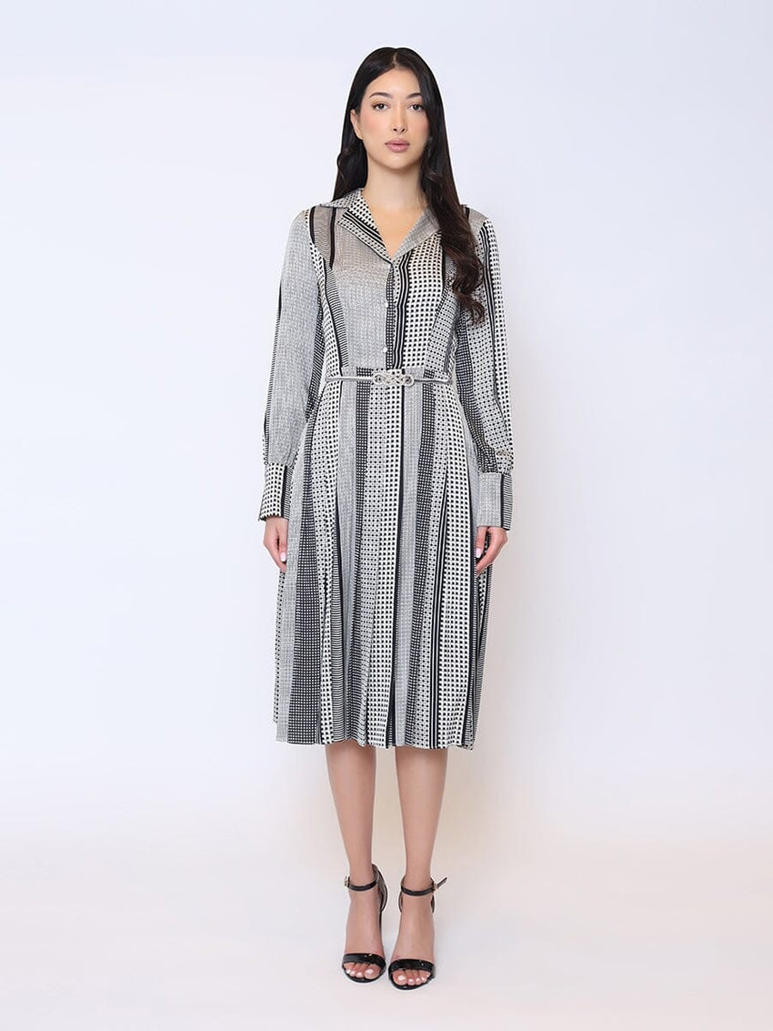 Color Block Satin Lapel Collared Belted Dress