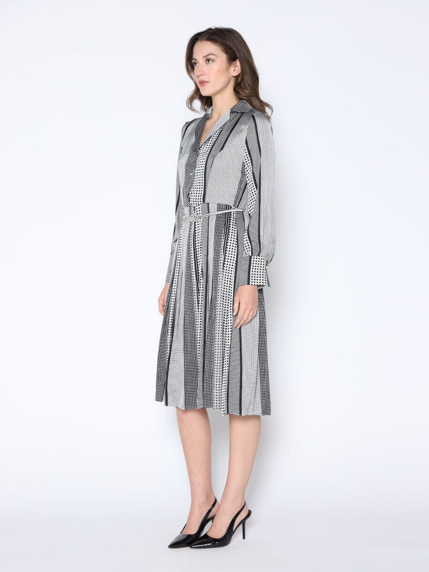 Color Block Satin Lapel Collared Belted Dress