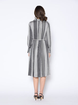 Color Block Satin Lapel Collared Belted Dress