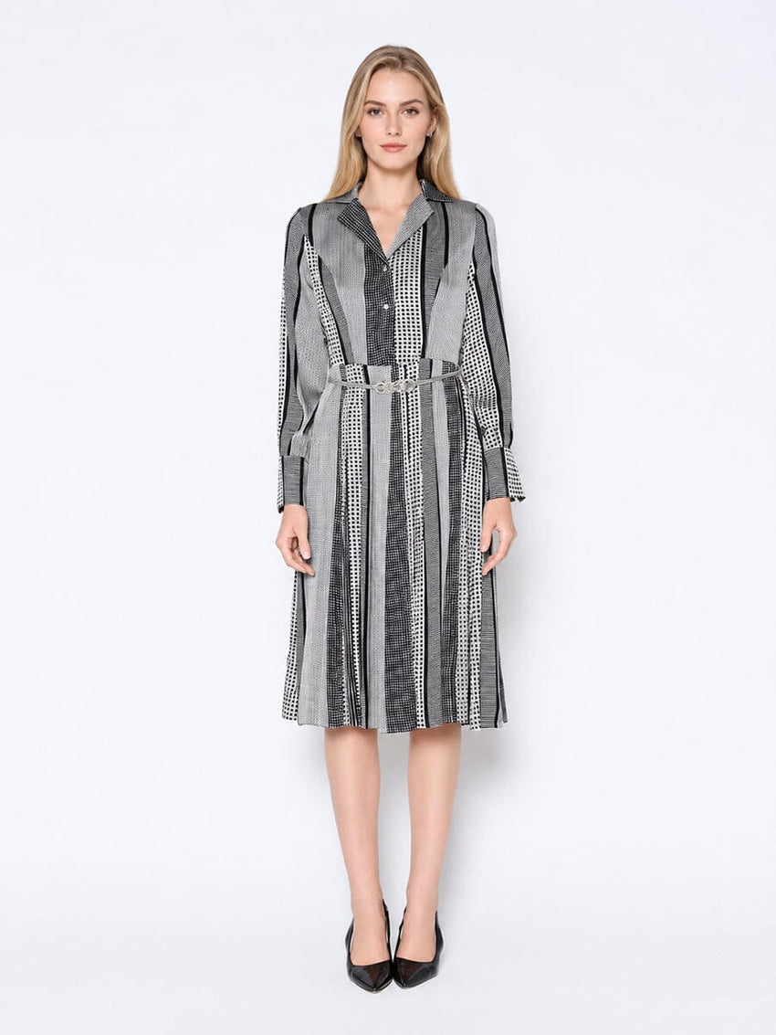 Color Block Satin Lapel Collared Belted Dress