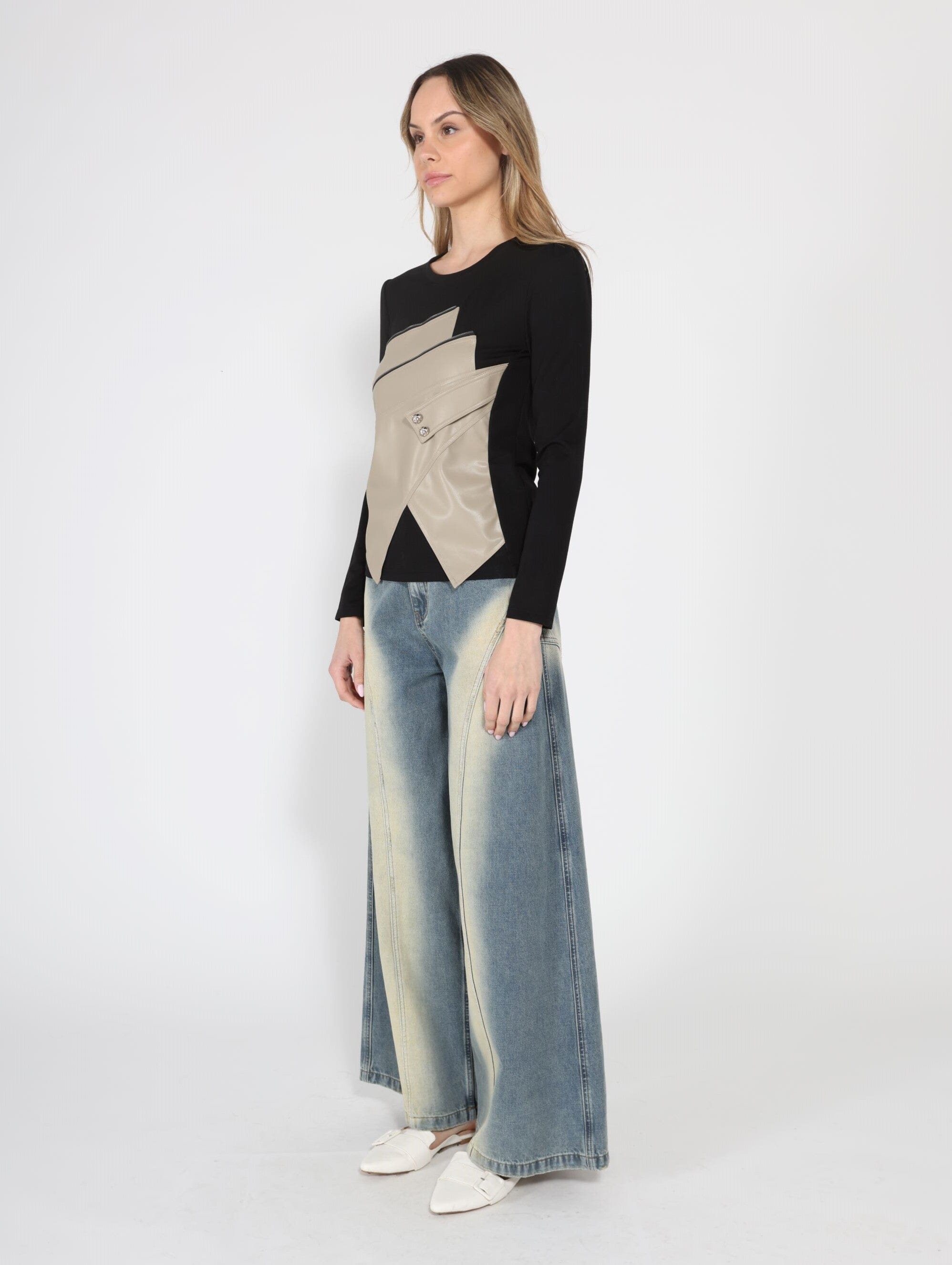 Contrast Color Asymmetrical Detail Long Sleeve Top - Glamourous Grace