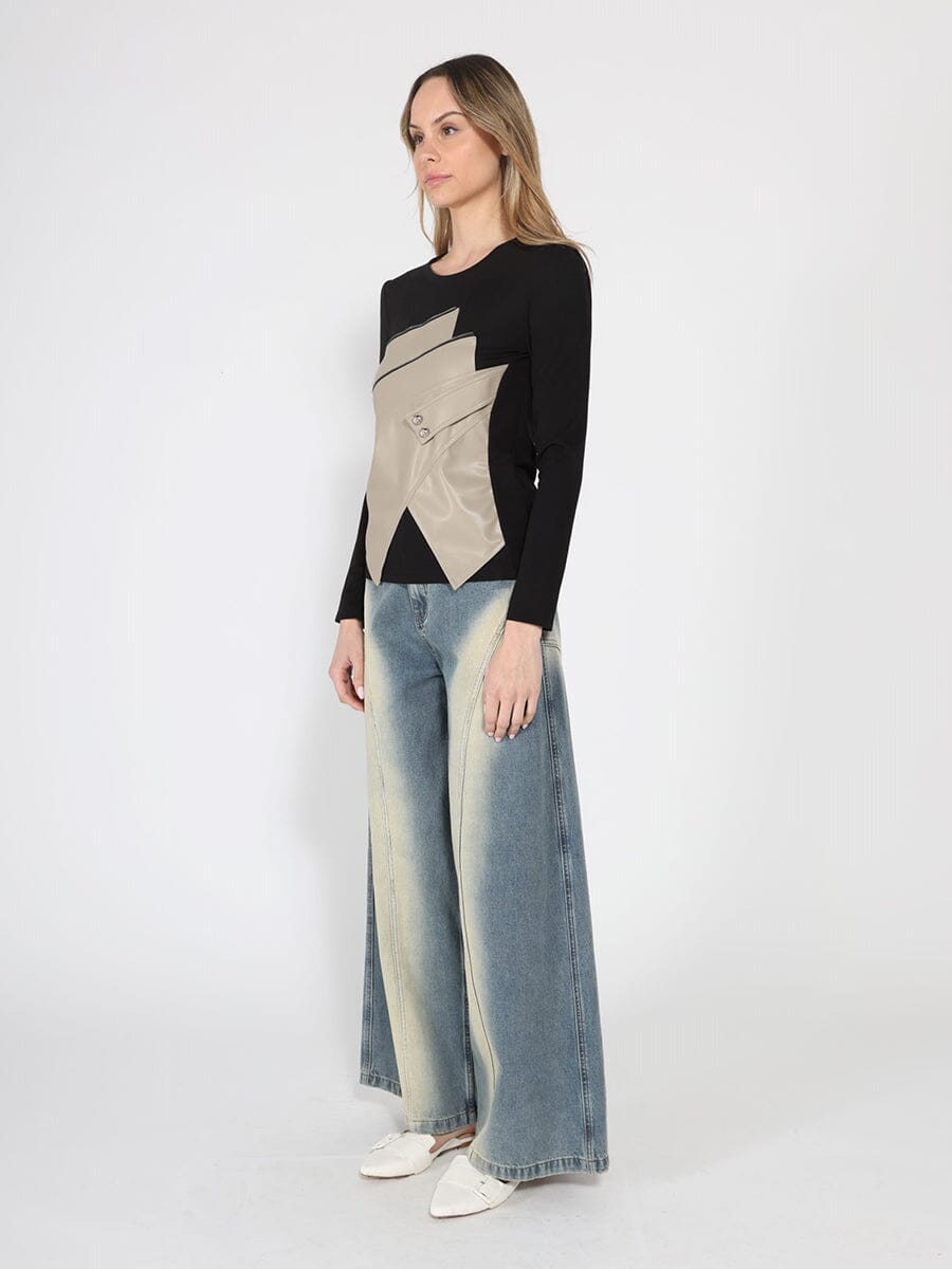 Contrast Color Asymmetrical Detail Long Sleeve Top - Glamourous Grace