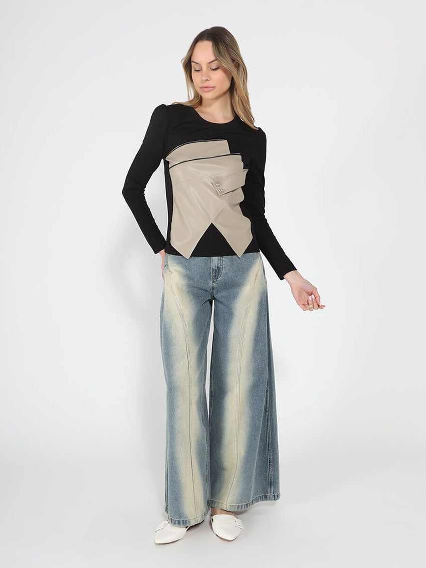Contrast Color Asymmetrical Detail Long Sleeve Top