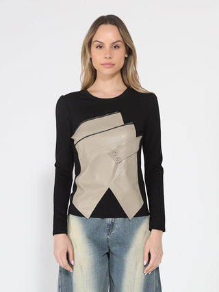 Contrast Color Asymmetrical Detail Long Sleeve Top