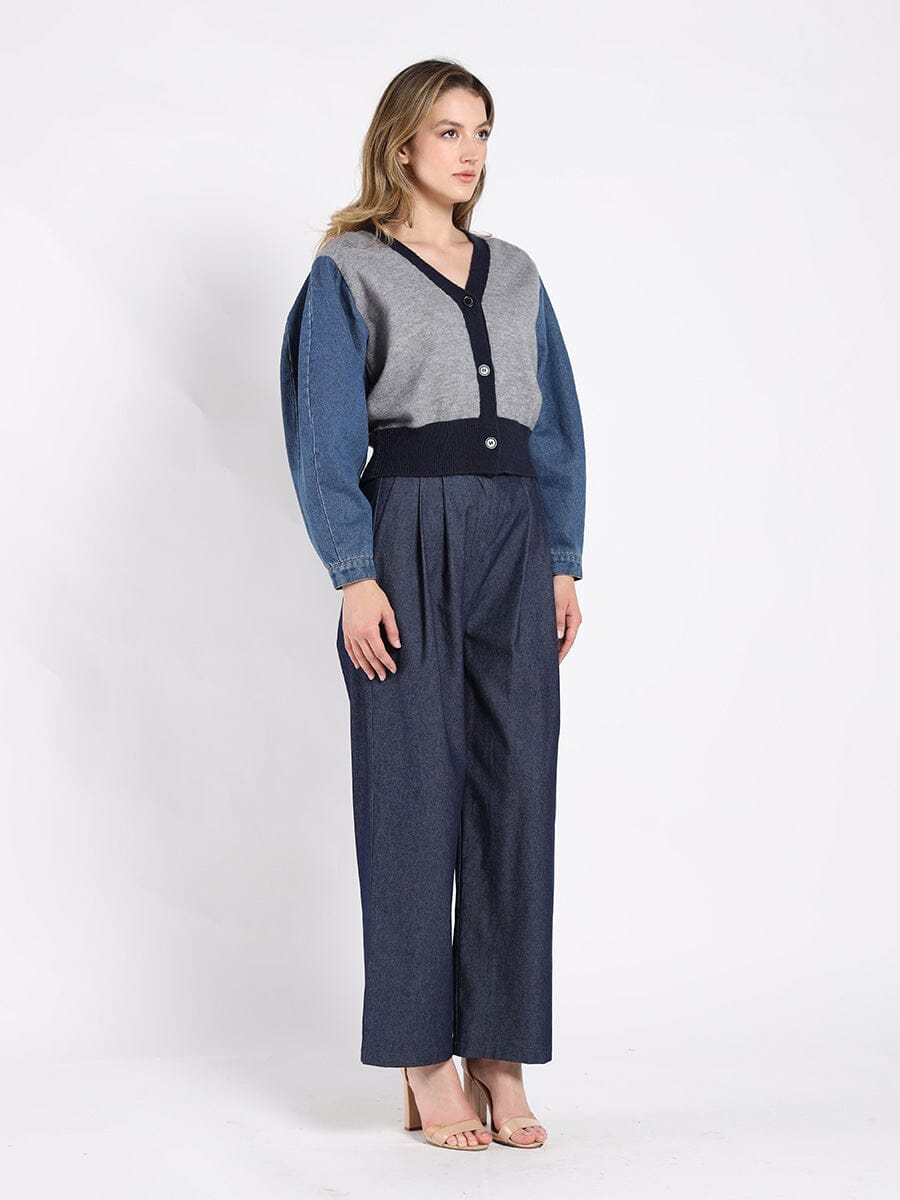 Contrast Cropped Denim Sleeve Button Up Cardigan - Glamourous Grace