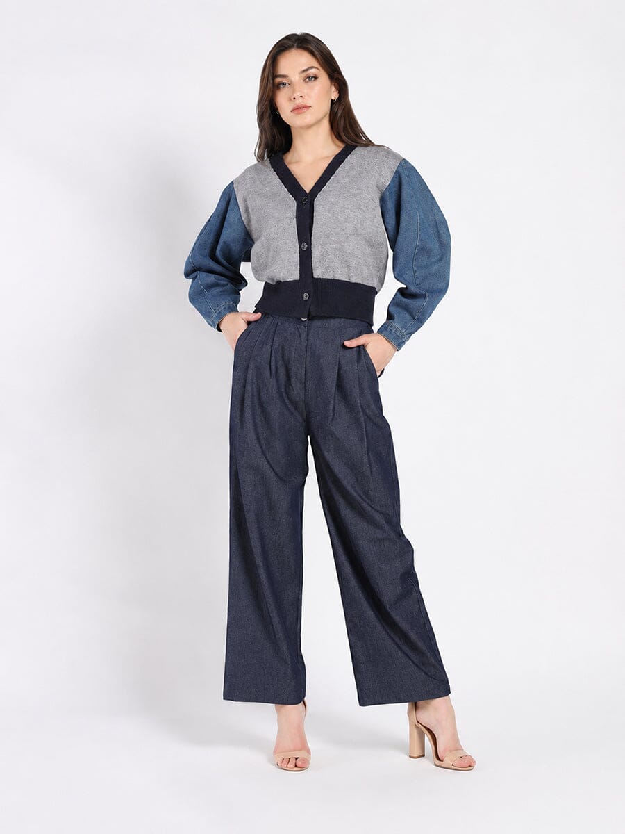 Contrast Cropped Denim Sleeve Button Up Cardigan - Glamourous Grace