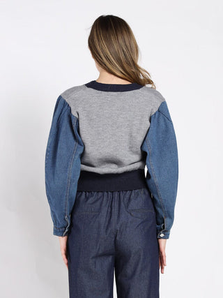 Contrast Cropped Denim Sleeve Button Up Cardigan