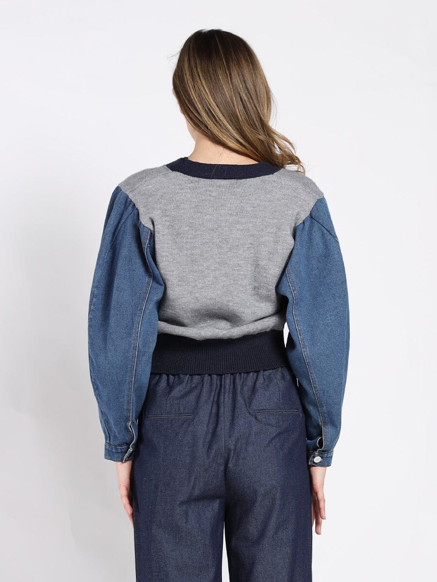 Contrast Cropped Denim Sleeve Button Up Cardigan - Glamourous Grace