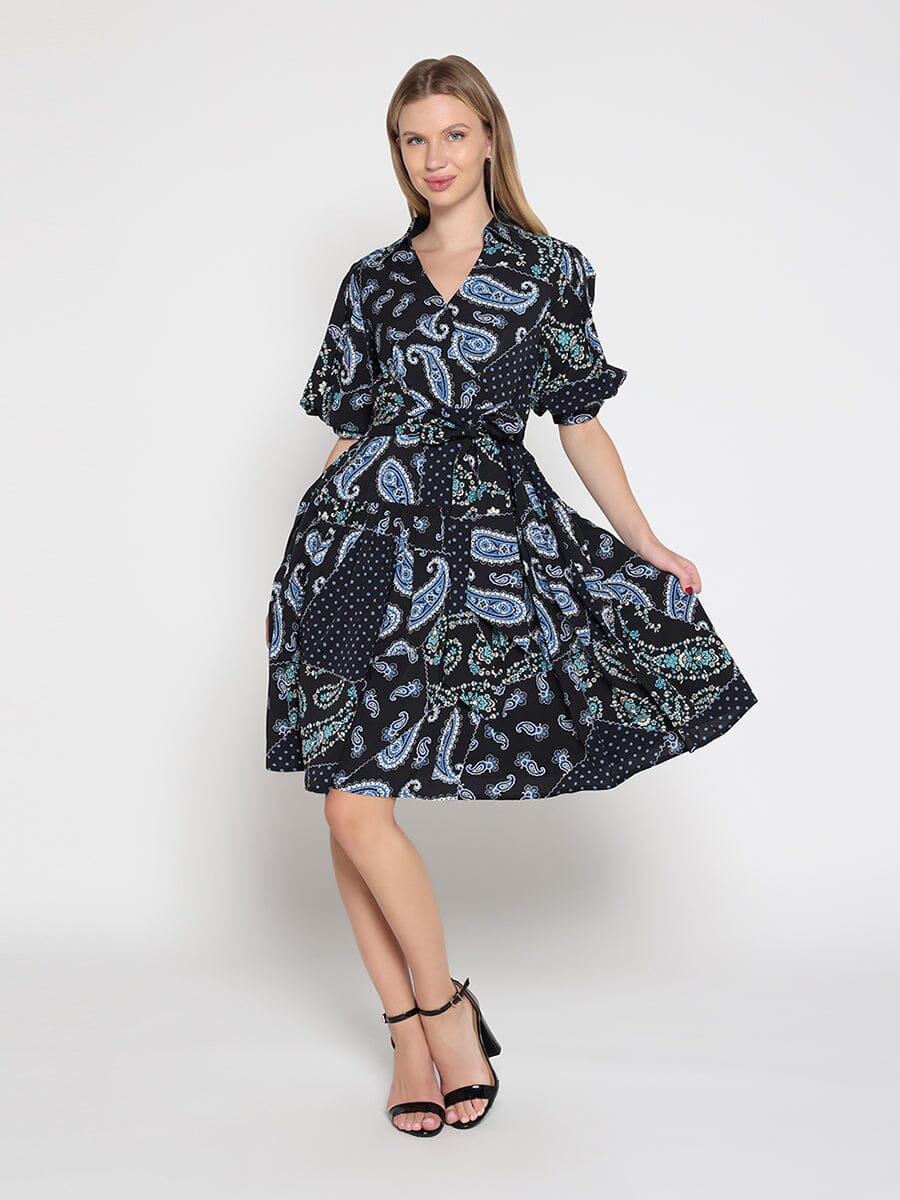 Cotton Printed Puffed Sleeve Belt Dress - Glamourous Grace