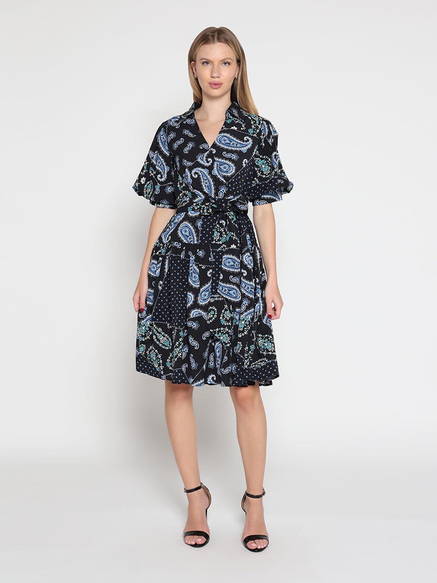 Cotton Printed Puffed Sleeve Belt Dress - Glamourous Grace