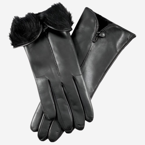 CR4302 (black) - Women’s Italian rabbit fur gloves with button - Glamourous Grace