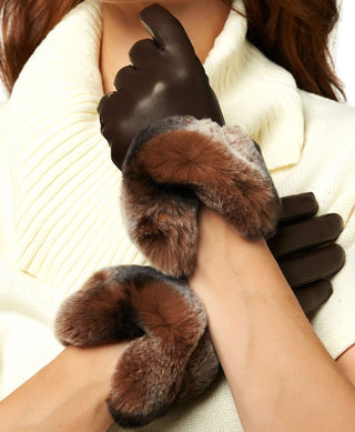 CR4347 (brown) - Women’s Italian Rex rabbit fur cuff cashmere lined winter leather gloves - Glamourous Grace