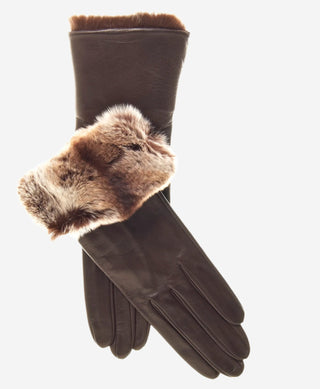 CR4405 (brown) - Women’s Italian leather winter gloves with Rex rabbit fur cuff - Glamourous Grace