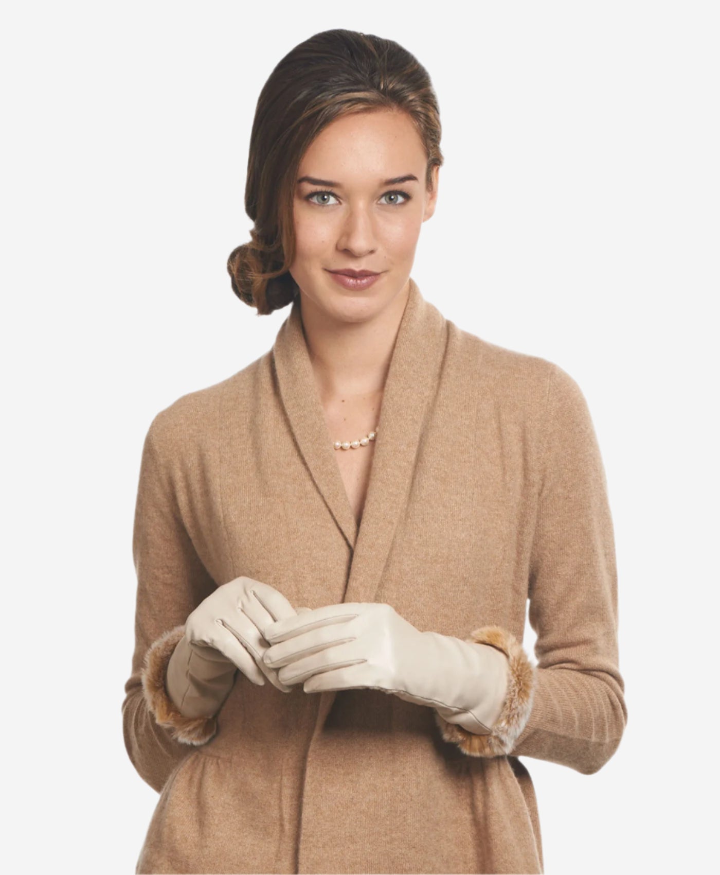 CR4405 (cream) - Women’s Italian Rex rabbit fur cuff winter leather gloves - Glamourous Grace