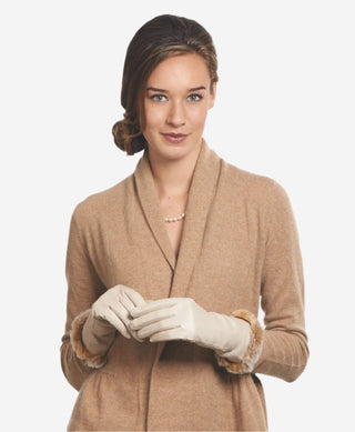 CR4405 (cream) - Women’s Italian Rex rabbit fur cuff winter leather gloves - Glamourous Grace