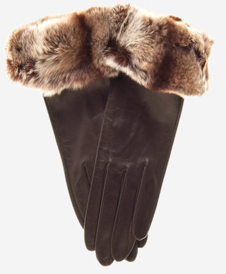 CR4405 (brown) - Women’s Italian leather winter gloves with Rex rabbit fur cuff - Glamourous Grace