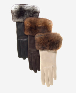 CR4450 (brown) - Women's Italian Orylag rabbit fur cuff cashmere lined winter leather gloves - Glamourous Grace