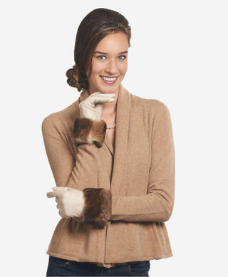 CR4450 (cream) - Women's Italian Orylag rabbit fur cuff cashmere lined winter leather gloves - Glamourous Grace