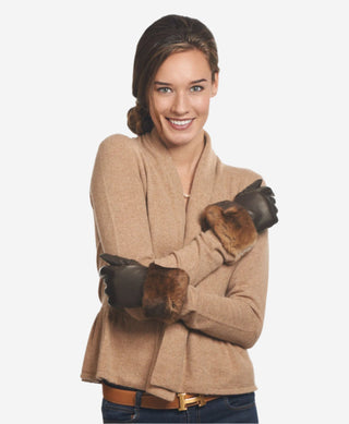 CR4450 (brown) - Women's Italian Orylag rabbit fur cuff cashmere lined winter leather gloves - Glamourous Grace