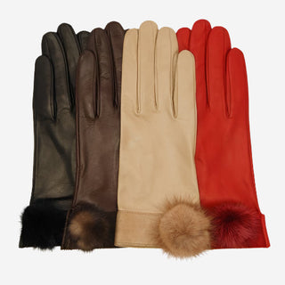 CS4033 (black) - Women's Italian Silk Lined Lambskin Leather Gloves with Mink PomPom - Glamourous Grace