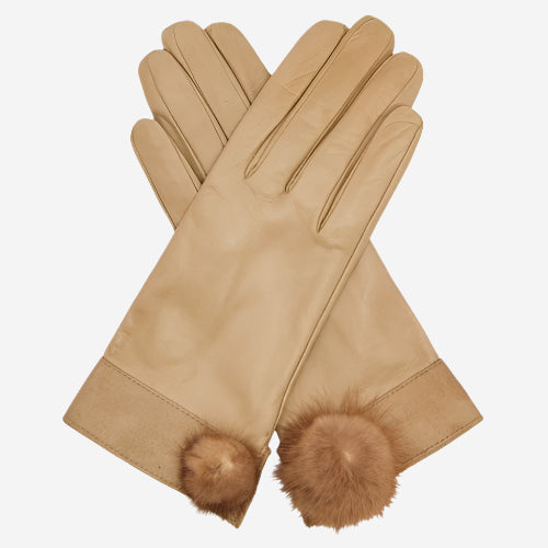 CS4033 (beige) - Women's Italian Silk Lined Lambskin Leather Gloves with Mink PomPom - Glamourous Grace