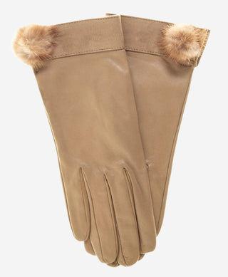 CS4033 (beige) - Women's Italian Silk Lined Lambskin Leather Gloves with Mink PomPom - Glamourous Grace