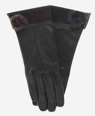 CS4033 (black) - Women's Italian Silk Lined Lambskin Leather Gloves with Mink PomPom - Glamourous Grace