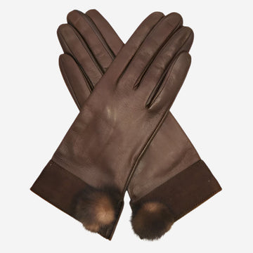 CS4033 (brown) - Women's Italian Silk Lined Lambskin Leather Gloves with Mink PomPom - Glamourous Grace