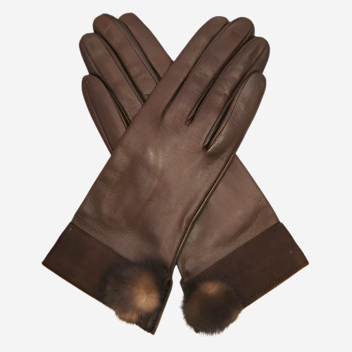 CS4033 (brown) - Women's Italian Silk Lined Lambskin Leather Gloves with Mink PomPom - Glamourous Grace