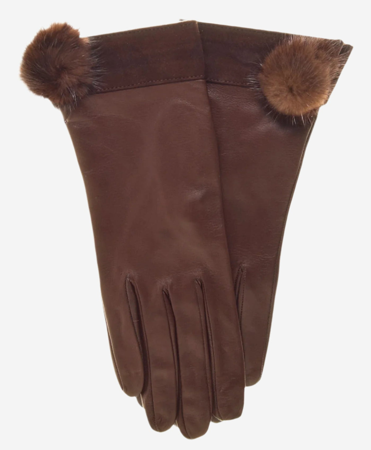 CS4033 (brown) - Women's Italian Silk Lined Lambskin Leather Gloves with Mink PomPom - Glamourous Grace