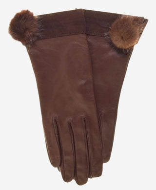CS4033 (brown) - Women's Italian Silk Lined Lambskin Leather Gloves with Mink PomPom - Glamourous Grace