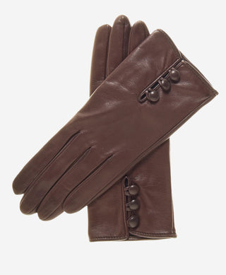 CS4070 (brown) - Women's Italian Silk Lined Lambskin Leather Gloves with Buttons - Glamourous Grace