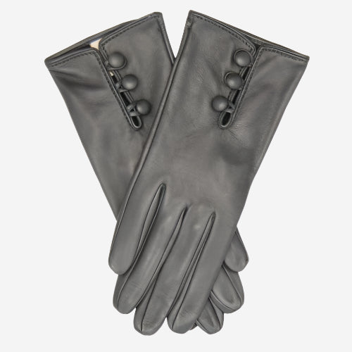 CS4070 (charcoal) - Women's Italian Silk Lined Lambskin Leather Gloves with Buttons - Glamourous Grace