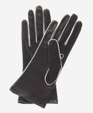 CS4175 (black/white) - Women's Italian Silk Lined Leather Gloves with Contrast Decorative Stitching - Glamourous Grace