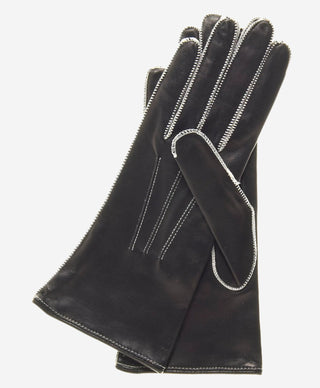 CS4175 (black/white) - Women's Italian Silk Lined Leather Gloves with Contrast Decorative Stitching - Glamourous Grace