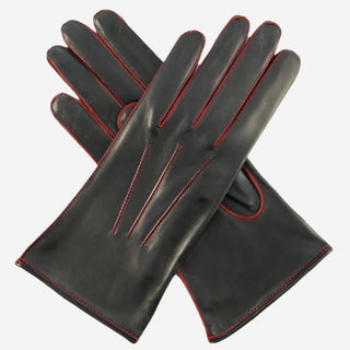 CS4175 (black/red) - Women's Italian Silk Lined Leather Gloves with Contrast Decorative Stitching - Glamourous Grace