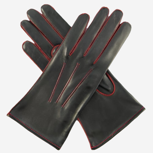 CS4175 (black/red) - Women's Italian Silk Lined Leather Gloves with Contrast Decorative Stitching - Glamourous Grace