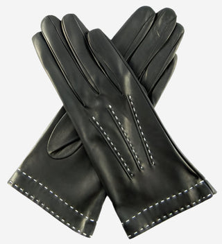 CS4204 (black) - Women's Italian Silk Lined Leather Gloves with Contrast Decorative Stitching - Glamourous Grace