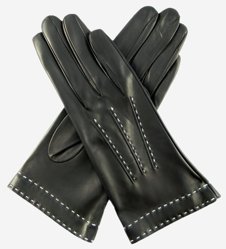 CS4204 (black) - Women's Italian Silk Lined Leather Gloves with Contrast Decorative Stitching - Glamourous Grace