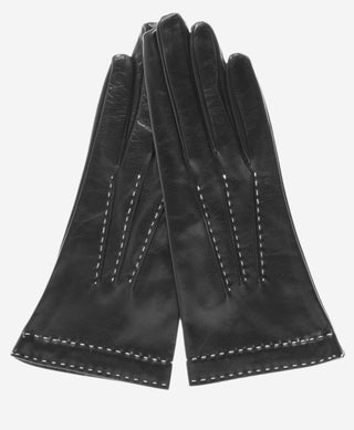 CS4204 (black) - Women's Italian Silk Lined Leather Gloves with Contrast Decorative Stitching - Glamourous Grace