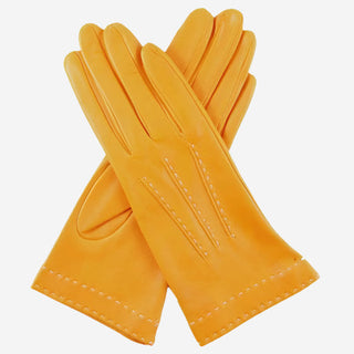 CS4204 (mustard) - Women's Italian Silk Lined Leather Gloves with Contrast Decorative Stitching - Glamourous Grace