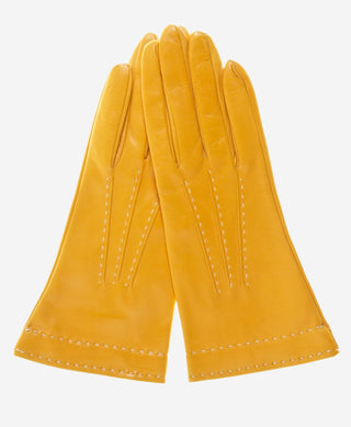 CS4204 (mustard) - Women's Italian Silk Lined Leather Gloves with Contrast Decorative Stitching - Glamourous Grace