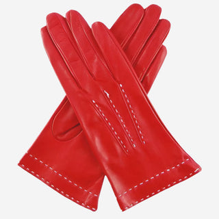 CS4204 (red) - Women's Italian Silk Lined Leather Gloves with Contrast Decorative Stitching - Glamourous Grace