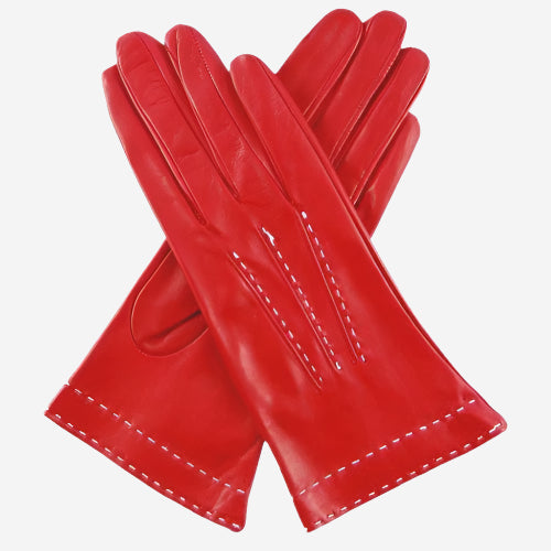 CS4204 (red) - Women's Italian Silk Lined Leather Gloves with Contrast Decorative Stitching - Glamourous Grace