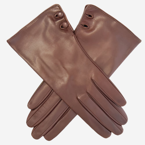 CS4345 (brown) - Women's Italian Silk Lined Leather Gloves with 2 Buttons - Glamourous Grace